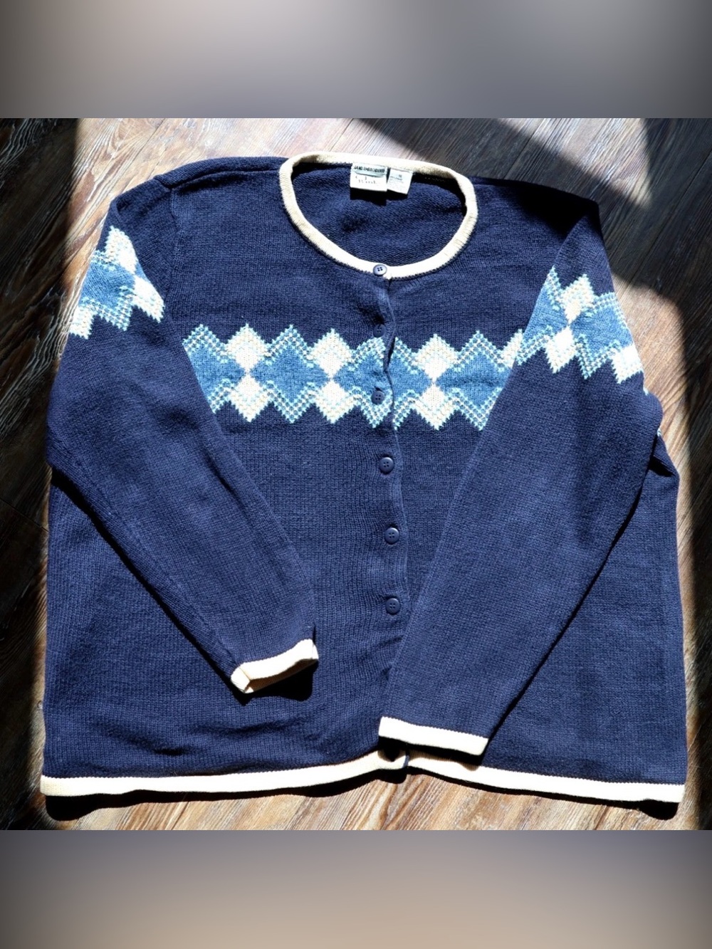 VTG C.J Banks Hand Embroidered Argyle Cardigan Sweater Ramie Cotton Womens 1X